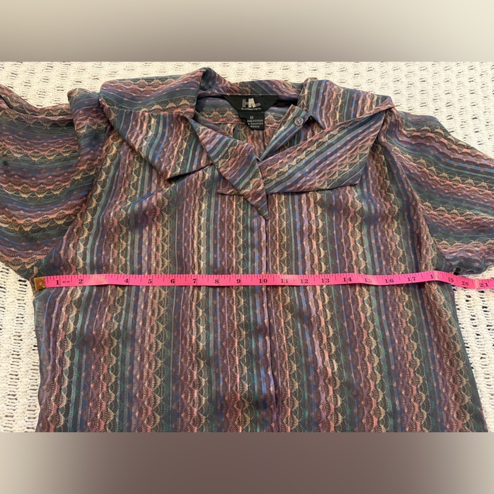 HAPPY LEGS INC. Retro Tie-Neck Geometric Multicolor Long Sleeve Blouse Size 6 - Picture 8 of 10